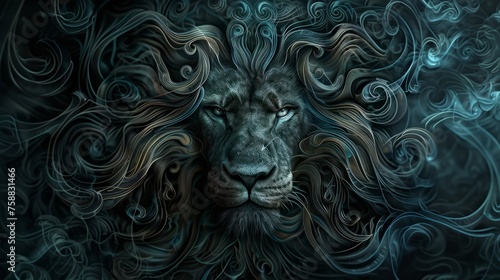 Portrait of ornate lion, mystery art, dark background, wicca symbol