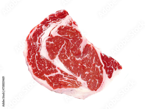 Premium beef. Juicy, tender and flavourful boneless rib eye steak. Slices of steak seasoned entrecote separated from the background.  
