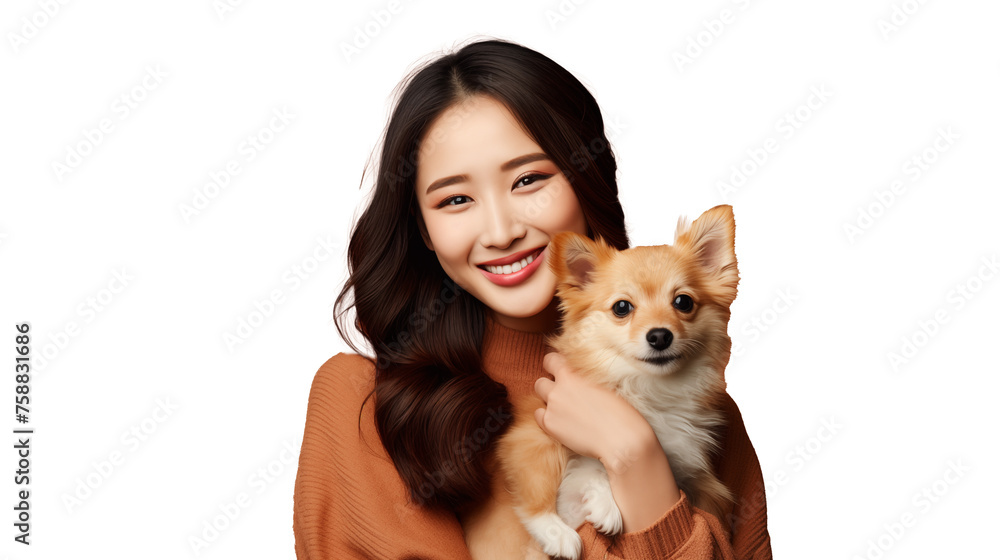 Cute asian woman holding a dog isolated on transparent background Cute asian woman holding a dog isolated on transparent background