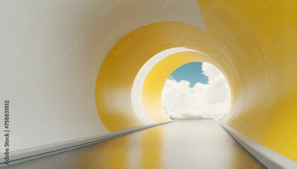 Obraz premium 3d render, abstract minimal yellow background with white clouds flying out the tunnel created with generative ai.