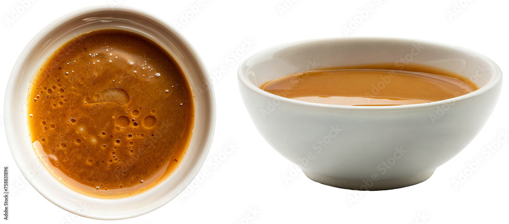 Bowl with brown peanut sauce, side and top view, isolated on a white background Bowl with brown peanut sauce, side and top view, isolated on a white background