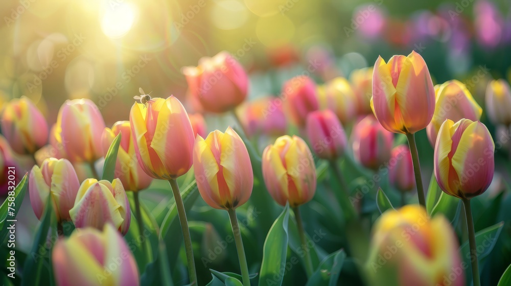 Rows of vibrant yellow and pink tulips stretch across the field, creating a colorful display. The sun illuminates the petals, showcasing their bright hues against the green foliage. Bees buzz from