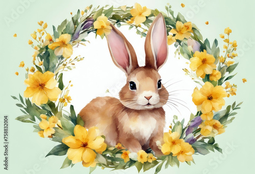 watercolor flowers wreath sticker blooming drawn element rabbit illustration card invitations bynny yellow Hand Easter greeting Floral Flower Design Summer Isolated Frame