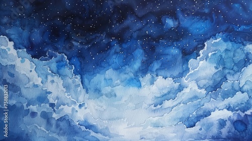 Romantic night sky and clouds watercolor illustration background