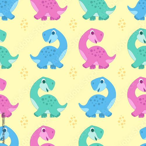 Seamless pattern with funny, cartoon dinosaurs on a yellow background. For children's fabric design, backgrounds, wallpaper, wrapping paper, etc.Vector