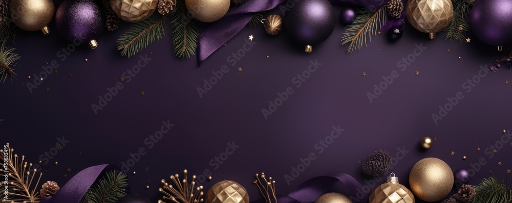 violet and golden christmas tree decoration banner - obrazy, fototapety, plakaty 