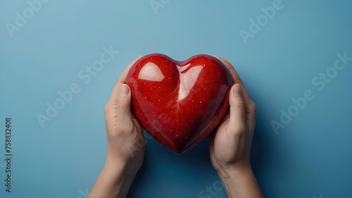 hands holding a red heart, blue background, giving, charity concept.
