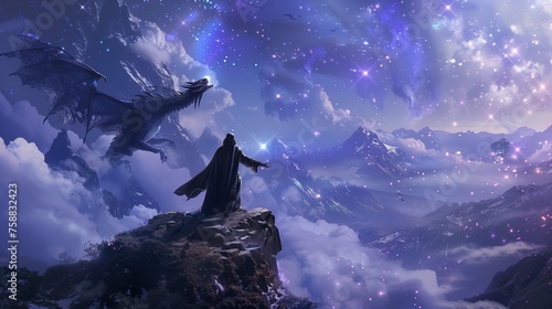 Beneath a canopy of twinkling stars, a wizard extends his hand towards his loyal dragon companion, who stands majestically on a rocky ledge against a backdrop of sweeping mountains and rolling clouds. photo