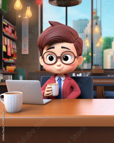 A kawaii anime character in a business attire working at a cozy coffee shop3d render photo