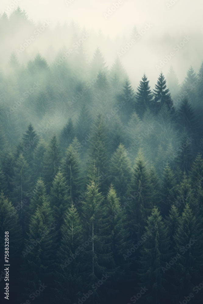 mystic foggy fir tree forest nature landscape