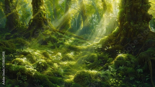 Sunlight penetrates the dense forest canopy  casting rays of light onto the moss-covered trees and ground below. The moss creates a lush green carpet  adding a rich natural texture to the forest