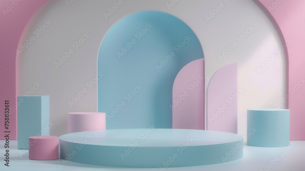 A blue and pink room with a blue archway and pink pillars A blue and pink room with a blue archway and pink pillars