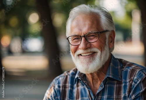 Senior man smiling with happiness while looking at camera at outdoor park