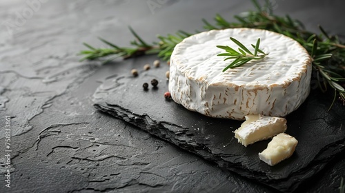 Over a blackboard with a black backdrop, is an array of cured goat cheese and adorned with fresh green herbs and space, Generative AI.