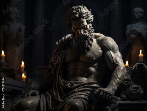 Mysterious ancient greek, roman male stoic statue, sculpture in dramatic lighting, shadows highlighting the impressive muscular build and classical beauty. 