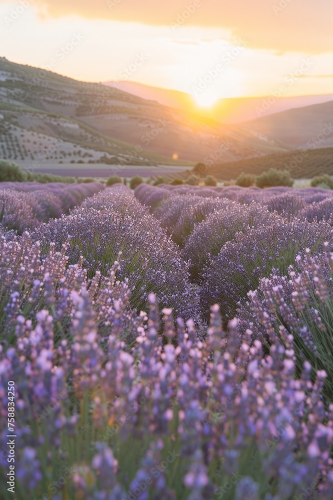 Naklejka premium A mesmerizing field of lavender flowers stretches towards the horizon as the sun sets in the background, creating a picturesque scene of beauty and tranquility