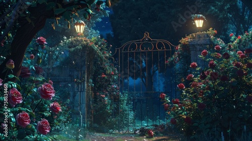 The gate to the park with roses flowers in the foreground. Night scenery. Digital painting