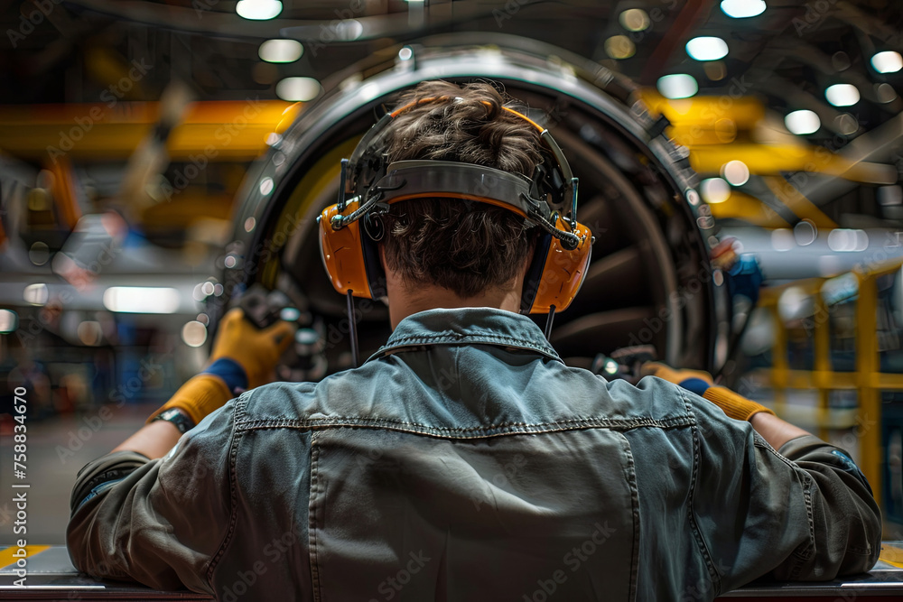 view from the back of aircraft maintenance technician working on turbine view from the back of aircraft maintenance technician working on turbine