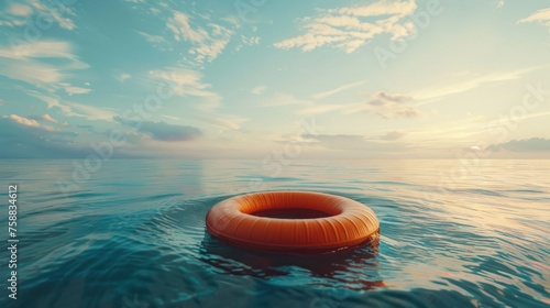 The swimming inflatable circle is half immersed in water vertically. The concept of outdoor recreation