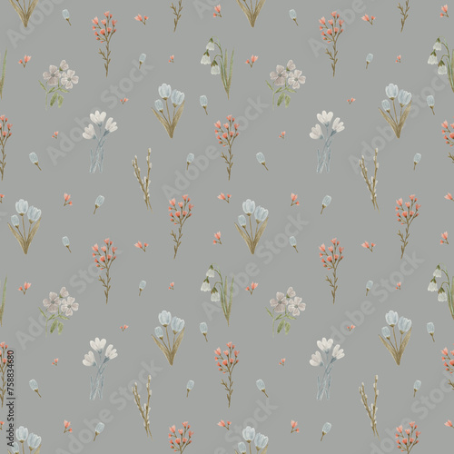 Hand drawn floral semless pattern. Simple flowers drawn by pencils and isolated on light background.
