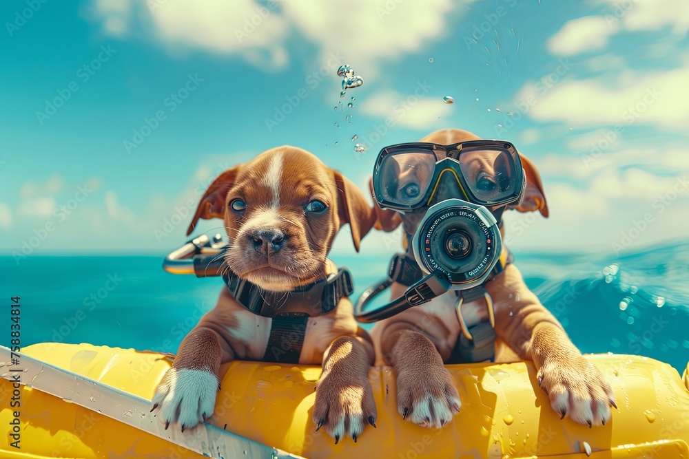 Dogs scuba divers and photographer wearing mask and gear