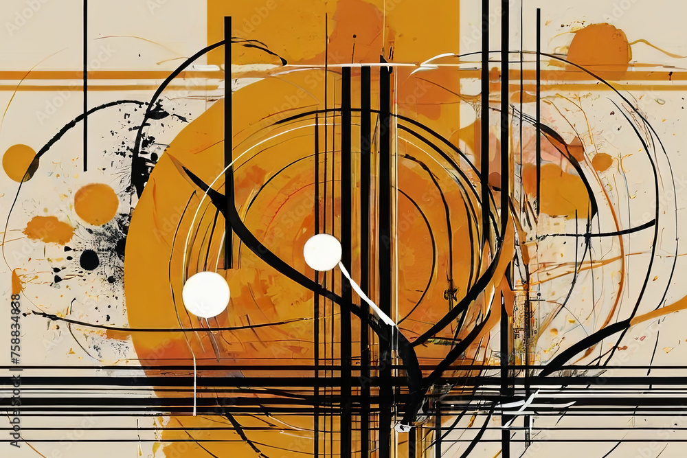 Abstract composition. Yellow and orange circles and lines on black background. Vibrant and dynamic design. Abstract composition. Yellow and orange circles and lines on black background. Vibrant and dynamic design.