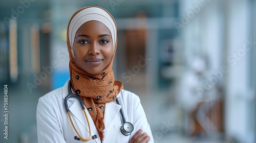 Over a fuzzy hospital backdrop, a certain of herself African Muslim lady doctor wears a vivid headscarf and space, Generative AI.