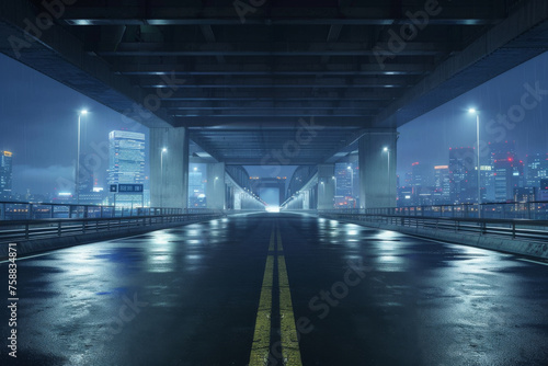 Empty asphalt road under the bridge during the night with beautiful city skyline background .