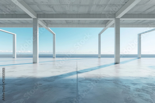 Empty concrete floor for car park. 3d rendering of abstract white building with blue sky background. 