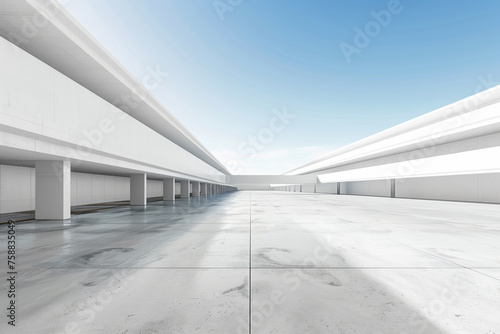 Empty concrete floor for car park. 3d rendering of abstract white building with blue sky background.  © imlane