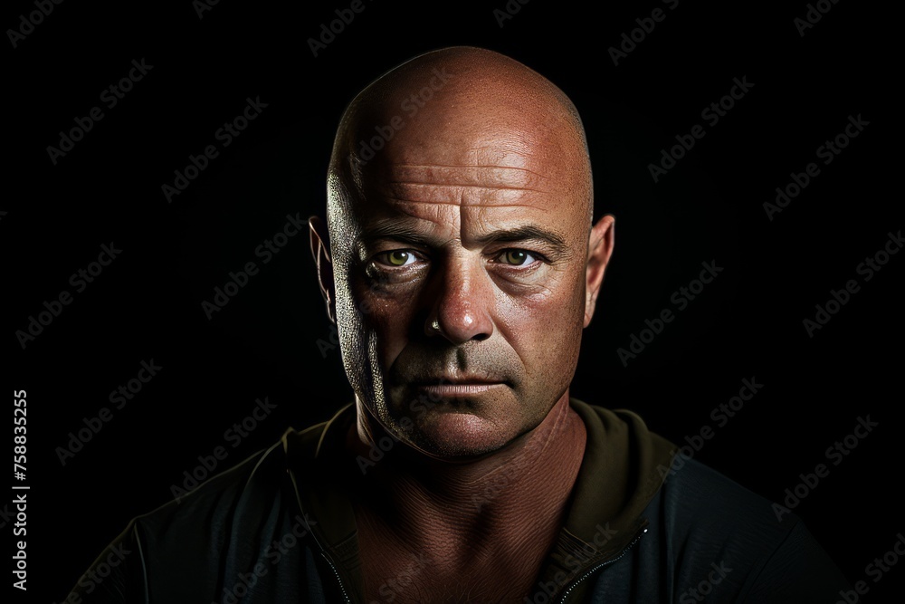 Portrait of a bald man with green eyes on a black background