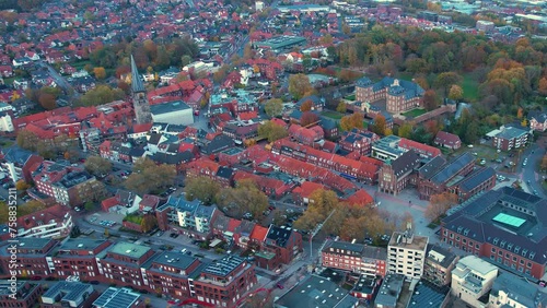 Aerial view around the old town of the city Ahaus in Germany on a cloudy day in autumn	
 photo