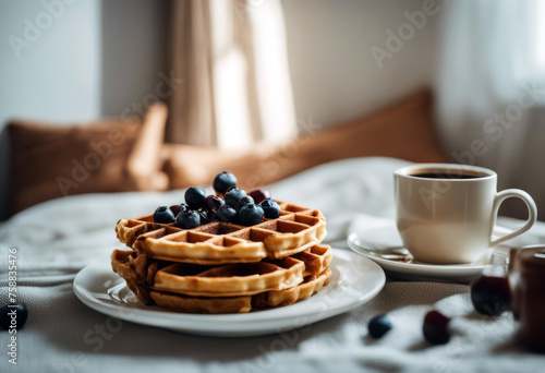 Morning Viennese waffles breakfast coffee bed Flower Woman Food Love Book Birthday Girl Gift Rose Hotel Valentine Holiday Modern Beautiful Adult Drink Day Reading Wooden