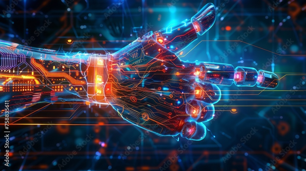 Thumb up symbol in cyberspace showing like or good. Robotic hand with data lines and power surges Thumb up symbol in cyberspace showing like or good. Robotic hand with data lines and power surges