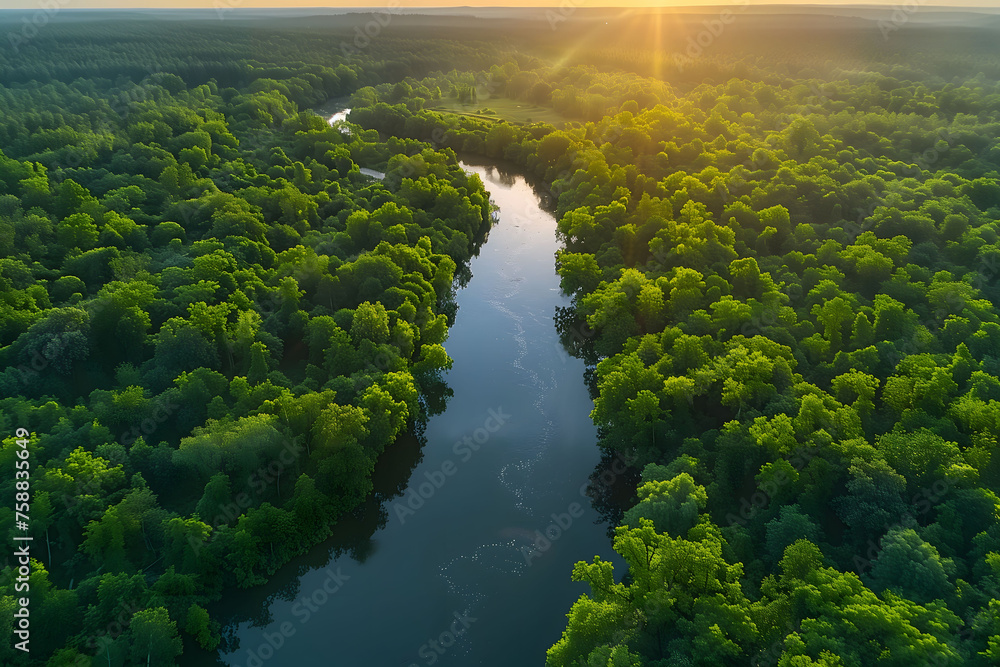 River Flowing Through Lush Green Forest River Flowing Through Lush Green Forest