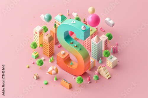Letter S. Vector isometric abstract font with icons buildings 