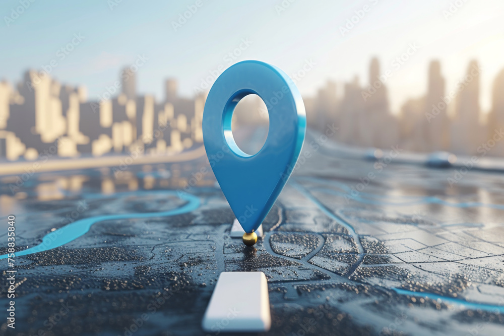 Road map of blue location pin icon symbol or gps travel route navigation marker and transportation place pointer direction street sign on city background with transport destination way.  - obrazy, fototapety, plakaty 