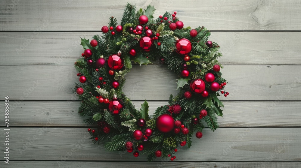 Top view of traditional Christmas wreath with copy space over neutral wooden background Top view of traditional Christmas wreath with copy space over neutral wooden background
