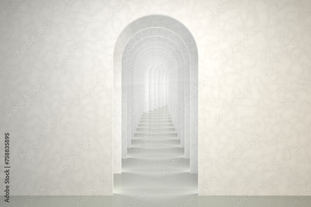 Abstract surreal 3d render. Arch infinite corridor white background concept rendering. Surrealistic interior 3d illustration. Abstract surreal 3d render. Arch infinite corridor white background concept rendering. Surrealistic interior 3d illustration.