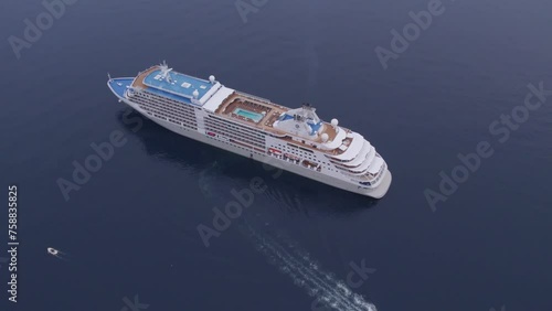Dubrovnik, Croatia - 11 may 2023: Aerial view of Luxury Silver Dawn cruise ship anchored at Adriatic sea, Dubrovnik, Croatia