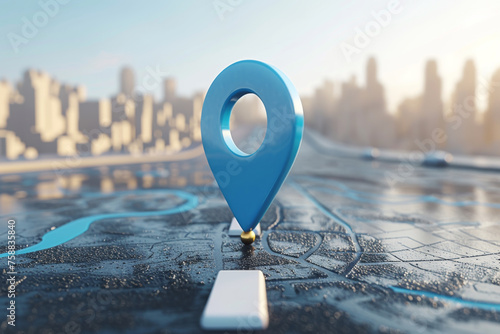 Road map of blue location pin icon symbol or gps travel route navigation marker and transportation place pointer direction street sign on city background with transport destination way.  photo