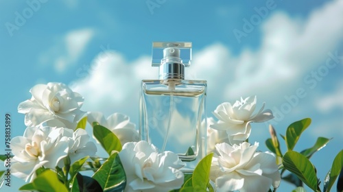 Transparent bottle of perfume and white gardenia flowers on blue sky background. Fragrance presentation with daylight