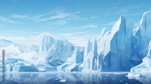 Landscape blue ice shards and snow covered shoreline Lake arctic antarctica sun sunset dawn light illuminates snow covers lot of pond ocean river cold lack life unsuitable living conditions permafrost photo