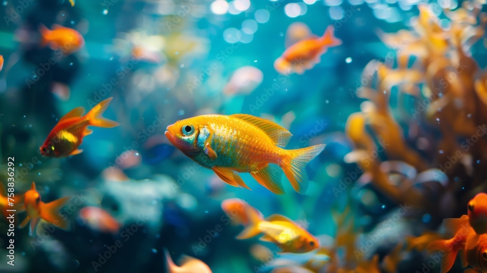 Naklejka premium Tropical fish swimming in an aquarium. Plastic toys for children's play in the bathroom. Underwater world with selective focus