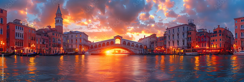 Rialto Bridge Across Grand Canal and Waterfront,
The rialto bridge at sunrise one of the most visited sights of venice ital - obrazy, fototapety, plakaty 