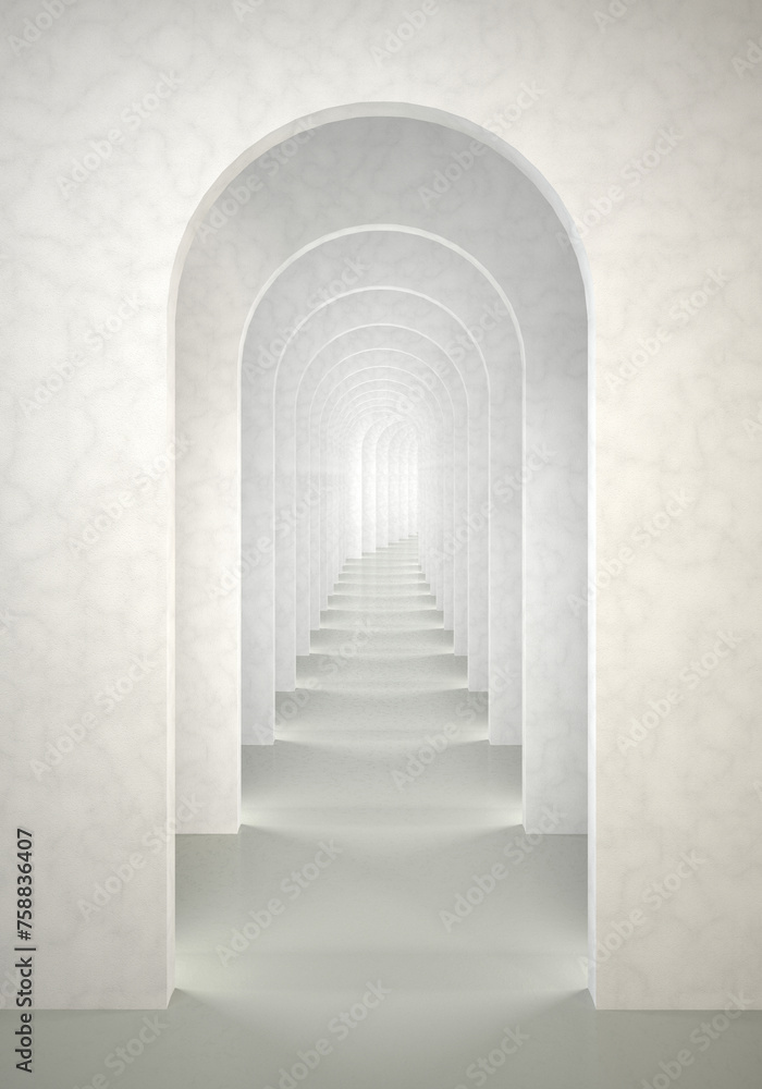 Abstract surreal 3d render. Arch infinite corridor white vertical background concept rendering. Surrealistic interior 3d illustration.