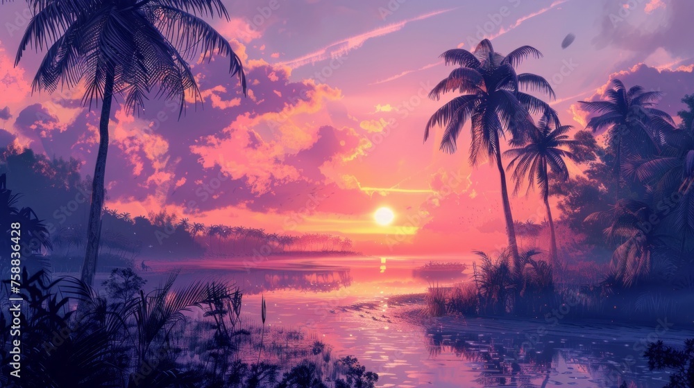 Tropical landscape with palm trees at sunset. Digital oil painting, printable square artwork