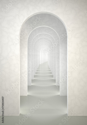 Fototapeta Naklejka Na Ścianę i Meble -  Abstract surreal 3d render. Arch infinite corridor white vertical background concept rendering. Surrealistic interior 3d illustration.