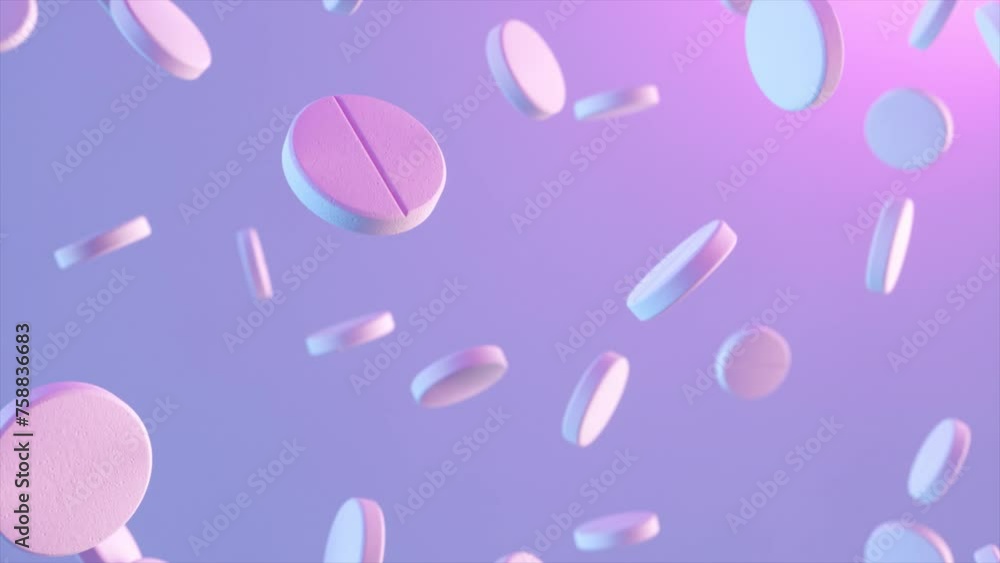 Falling white pills in slow motion. 3d animation of a seamless loop. The concept of business in the field of medicine and pharmaceuticals. Falling white pills in slow motion. 3d animation of a seamless loop. The concept of business in the field of medicine and pharmaceuticals.