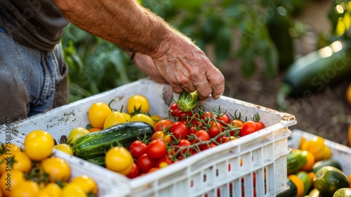 Person picking tomatoes and cucumbers from a box in a lush garden